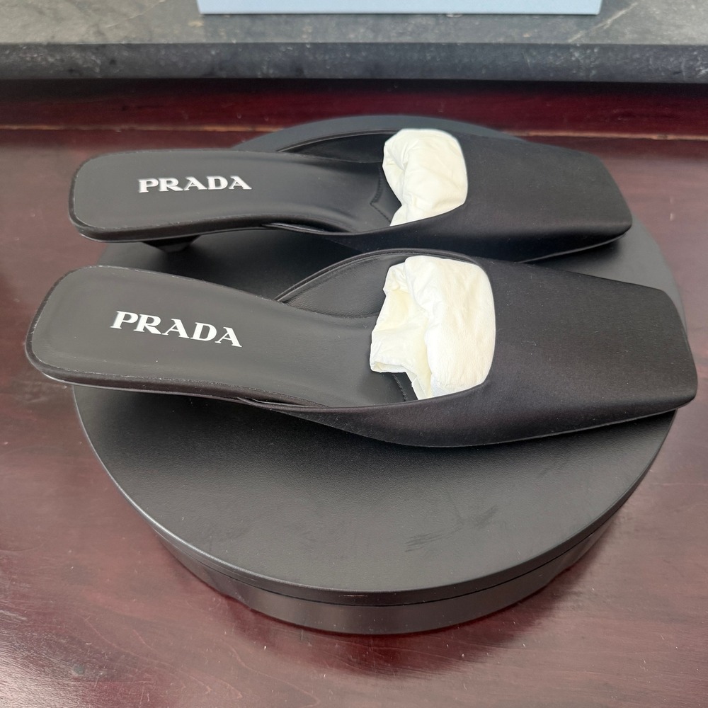 Prada 1I479N Black Satin Square Toe Kitten Heel Mules Sandals Shoes IT 40 - Picture 7 of 13